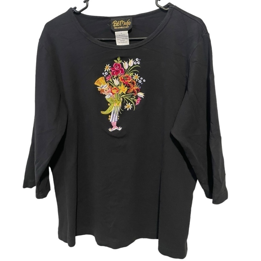 Bob Mackie Wearable Art Embroidered Leprechaun Flowers Top Sz L